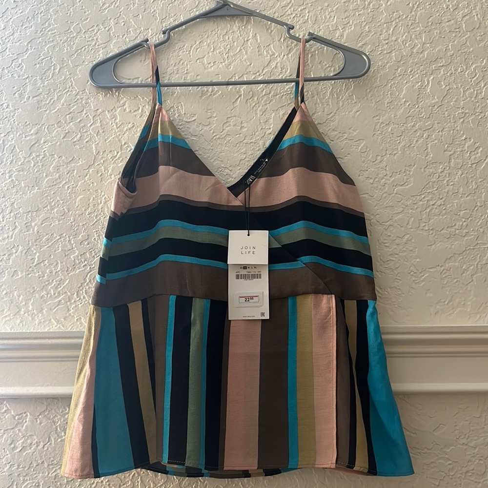 ZARA striped color block v neck blouse NWT